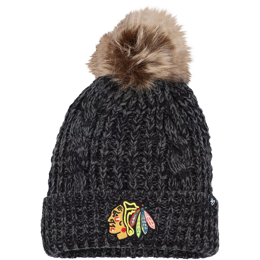 Women's '47 Black Chicago Blackhawks Meeko Cuffed Knit Hat With Pom 1 Women's '47 Black Chicago Blackhawks Meeko Cuffed Knit Hat With Pom