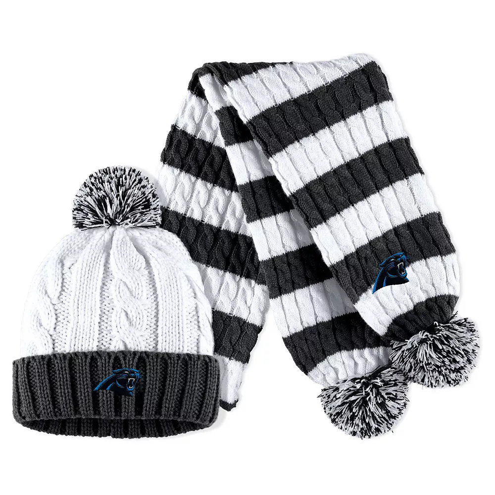 Women's WEAR By Erin Andrews Black/White Carolina Panthers Cable Stripe Cuffed Knit Hat With Pom And Scarf Set 1 Women's WEAR By Erin Andrews Black/White Carolina Panthers Cable Stripe Cuffed Knit Hat With Pom And Scarf Set