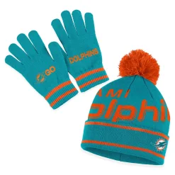 Women's WEAR By Erin Andrews Aqua Miami Dolphins Double Jacquard Cuffed Knit Hat With Pom And Gloves Set